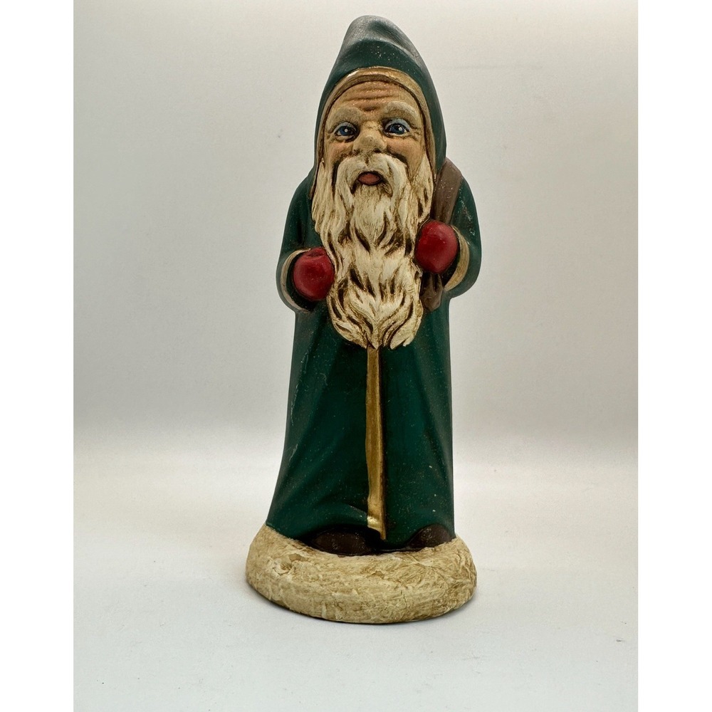 Vintage Belsnickel Style Santa Figurine Green Coat 8"‎ CeramIc Christmas Decor